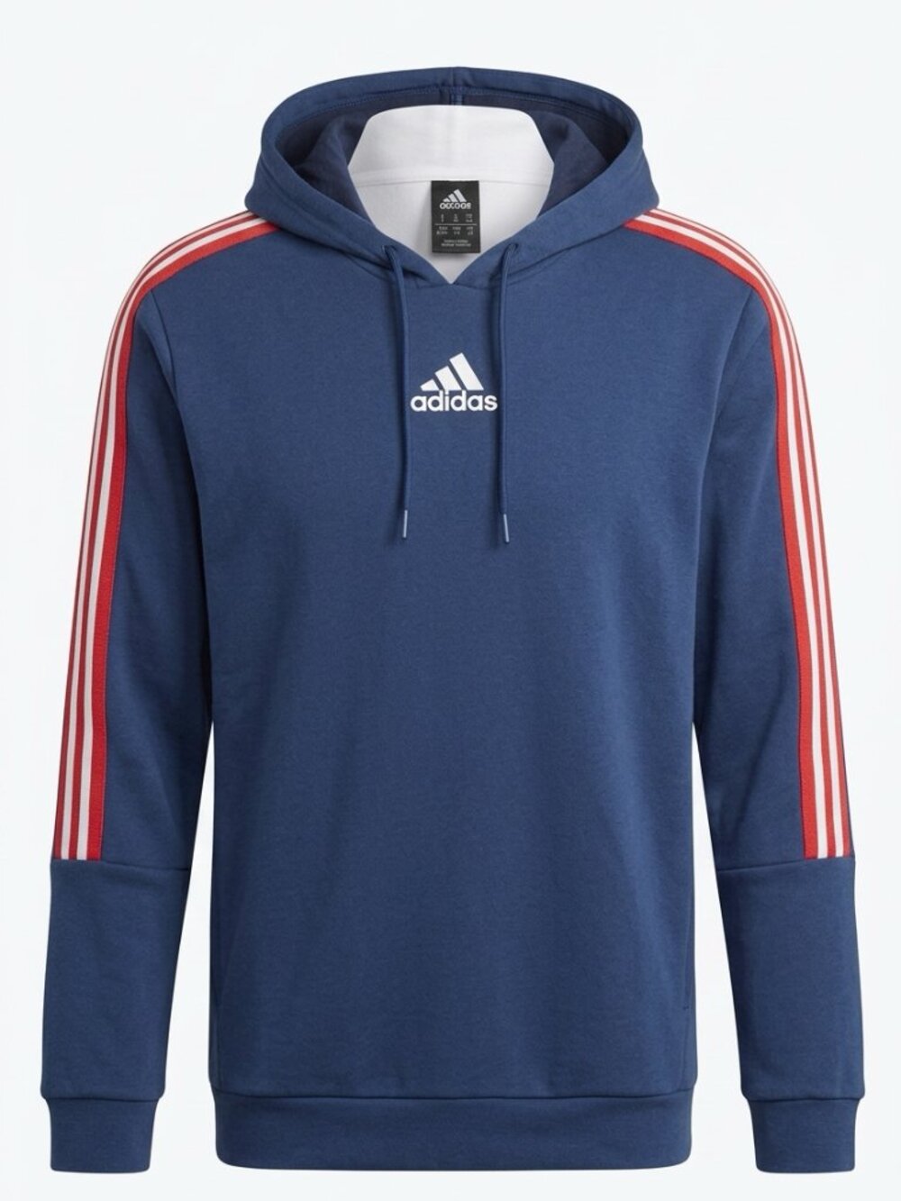 Adidas Blue Hoodie XL – Red Mid‑Sleeve Stripes – Logo Pullover
